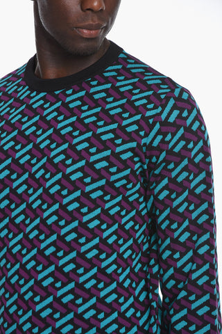 Wool Crewneck Sweater with Jacquard GREQUE Motif