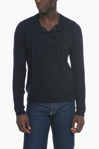 Maglia in Misto Cashmere con Collo a V e Dettaglio Lace-up