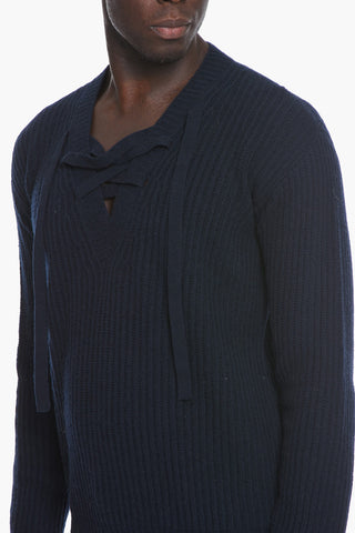 Maglia in Misto Cashmere con Collo a V e Dettaglio Lace-up