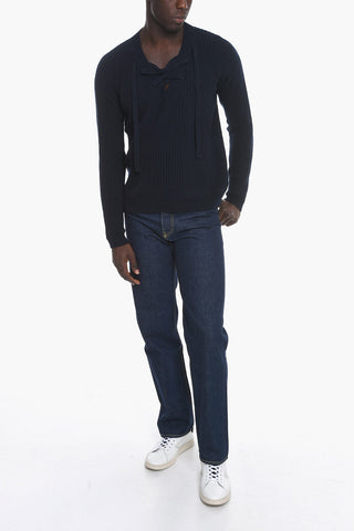Maglia in Misto Cashmere con Collo a V e Dettaglio Lace-up