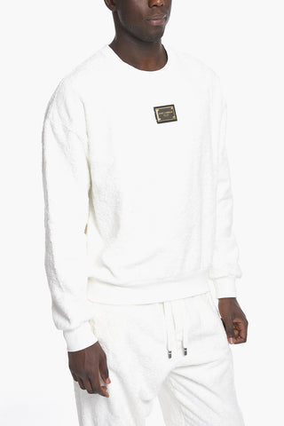 Crew Neck Cotton Terry Sweatshirt with Logo Plate
