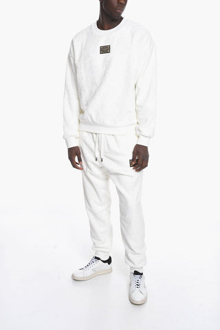 Crew Neck Cotton Terry Sweatshirt with Logo Plate