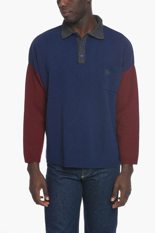 Two Tone Cashmere Blend Sweater with Polo Neck