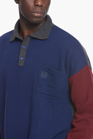 Two Tone Cashmere Blend Sweater with Polo Neck
