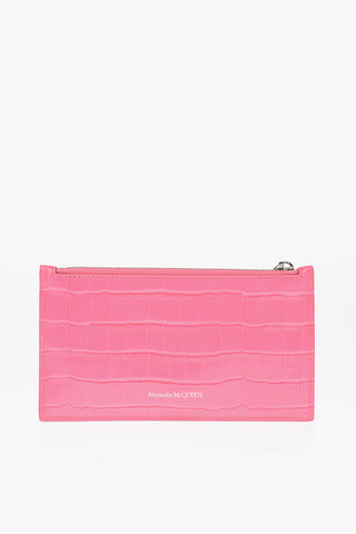 Crocodile Effect Fluo Leather Wallet with Zip Closure