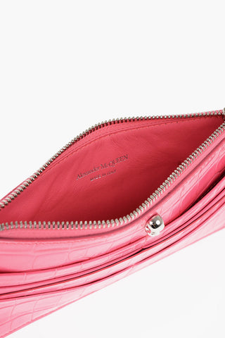 Crocodile Effect Fluo Leather Wallet with Zip Closure