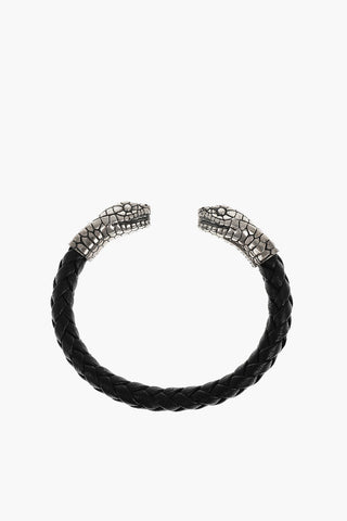 Braided Leather Open Bangle Bracelet with Double Snake Head