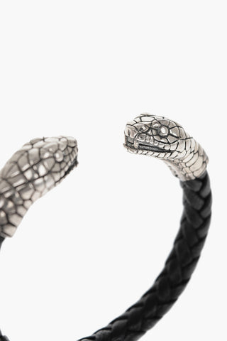 Braided Leather Open Bangle Bracelet with Double Snake Head