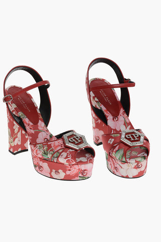 Floral Motif Satin T-strap Pumps with Jewel Logo 14cm