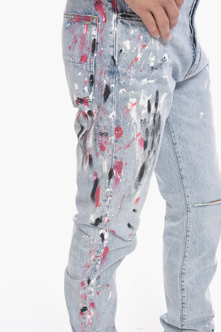 Light-washed Straight-fitting Denims with Paint Print 19cm