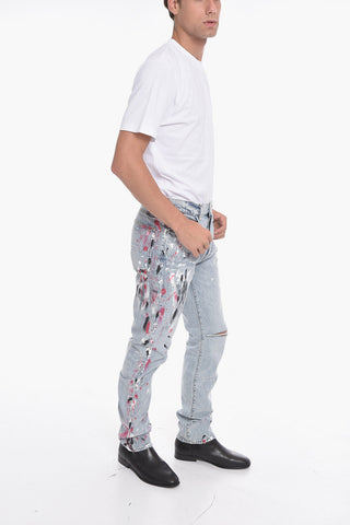 Light-washed Straight-fitting Denims with Paint Print 19cm
