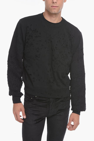 Crew Neck Brushed Cotton Sweatshirt with Distressed Effect