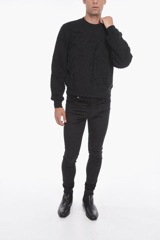 Crew Neck Brushed Cotton Sweatshirt with Distressed Effect