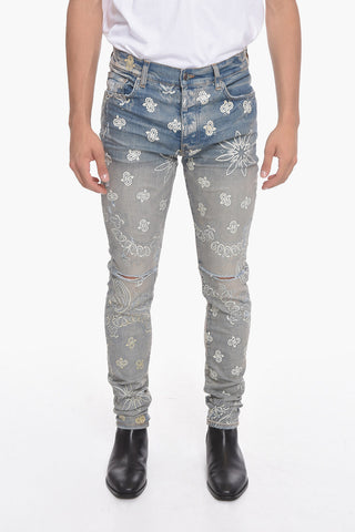 Vintage-effect Skinny Denims with Flocked BANDANA Motif 15cm
