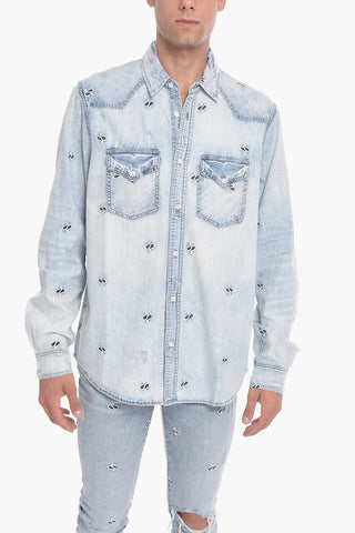 Denim Shirt with Embroidered Paisley Motif