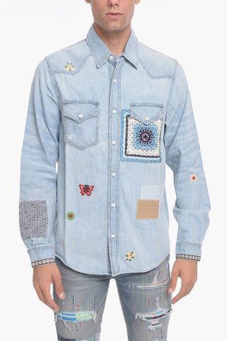 Denim Shirt with Crocheted Detailing