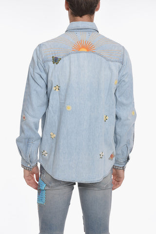 Denim Shirt with Crocheted Detailing