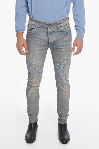 Paint-printed Vintage-effect Denims with Rhinestones 14cm