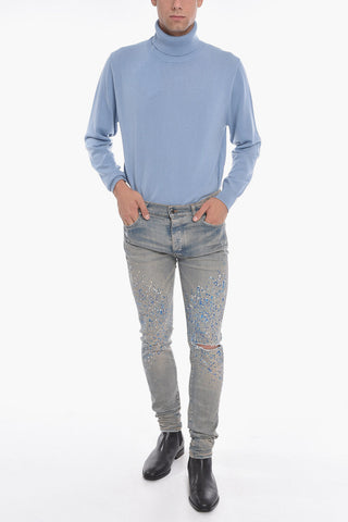 Paint-printed Vintage-effect Denims with Rhinestones 14cm