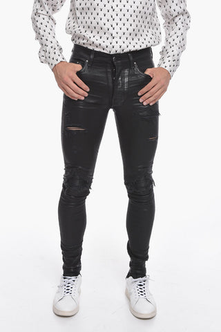 Coated-cotton Skinny Denims with Distressed Details 14cm