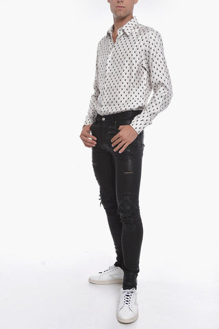 Coated-cotton Skinny Denims with Distressed Details 14cm