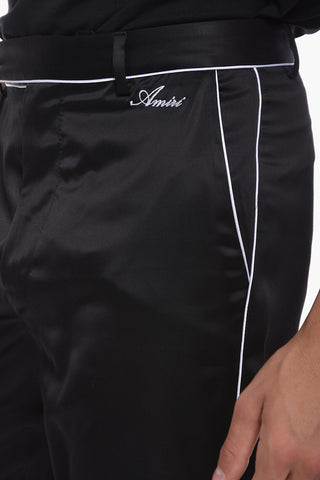 Pantaloni Pigiama Sartoriali in Satin di Viscosa con Ricamo Logo