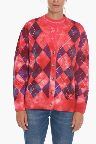Cardigan UNISEX K-ADDICE IN Motivo Argyle con Effetto Acid Wash