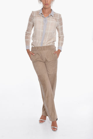 Suede-leather Flared Pants with Knitted Side Bands