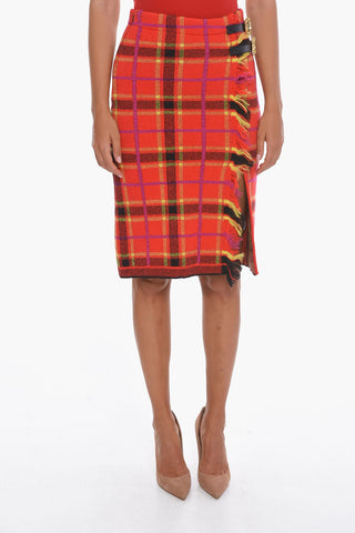 Tartan High-Waisted EVE Midi Skirt with Frayed Edge and Side Buckle Fastening