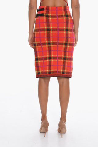 Tartan High-Waisted EVE Midi Skirt with Frayed Edge and Side Buckle Fastening