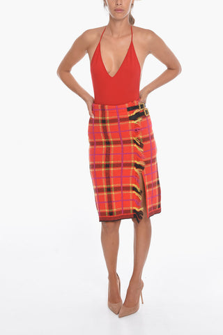 Tartan High-Waisted EVE Midi Skirt with Frayed Edge and Side Buckle Fastening