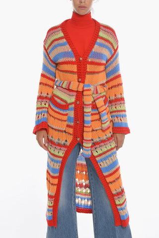 Virgin-wool Knitted Long Cardigan with Belt