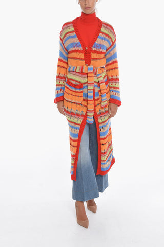 Virgin-wool Knitted Long Cardigan with Belt