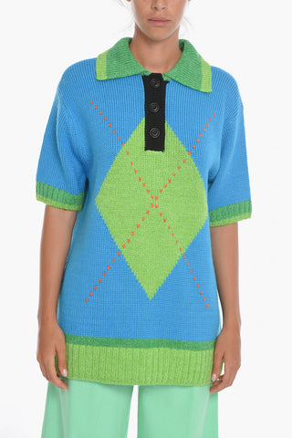 Oversized Argyle PORTELA Sweater with Polo Neckline