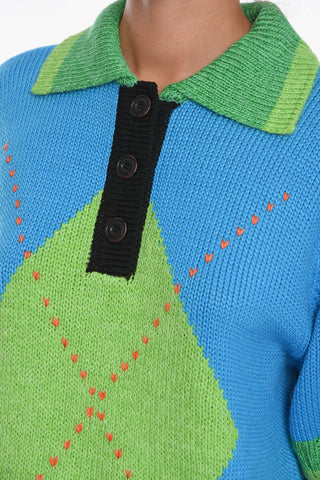 Oversized Argyle PORTELA Sweater with Polo Neckline