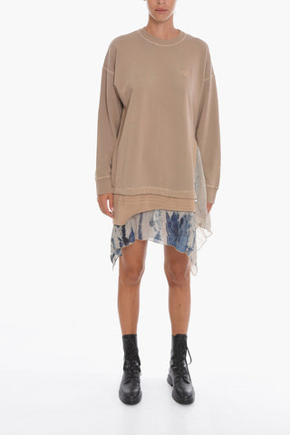 Crew-neck D-ROLLY Sweat Dress with Asymmetrical Chiffon