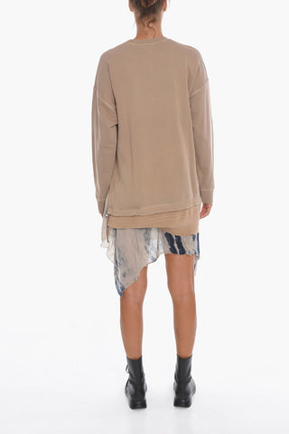 Crew-neck D-ROLLY Sweat Dress with Asymmetrical Chiffon