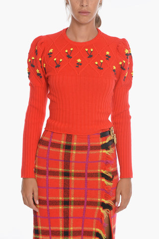 Wool Crew-Neck OMA Sweater with Floral Embroideries and Leg of Mutton Sleeve