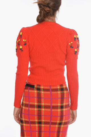 Wool Crew-Neck OMA Sweater with Floral Embroideries and Leg of Mutton Sleeve