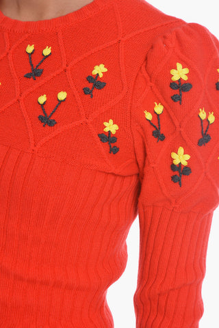 Wool Crew-Neck OMA Sweater with Floral Embroideries and Leg of Mutton Sleeve