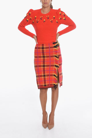 Wool Crew-Neck OMA Sweater with Floral Embroideries and Leg of Mutton Sleeve