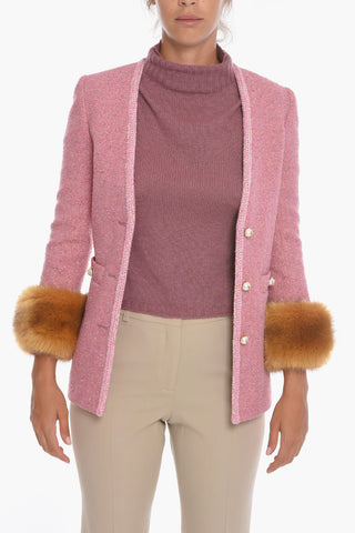 Wool-tweed Single-breasted Blazer with Faux-furred Cuffs