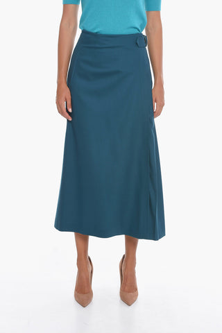 Wool Pleated A-Line Skirt with Side Belt