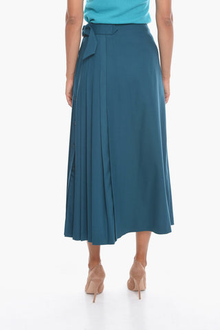Wool Pleated A-Line Skirt with Side Belt