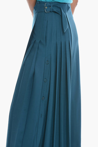 Wool Pleated A-Line Skirt with Side Belt