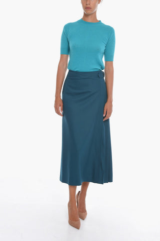 Wool Pleated A-Line Skirt with Side Belt