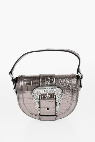 JEANS COUTURE Metallic Faux Leather Crocodile Effect Crossbody Bag with Silver Maxi Buckle