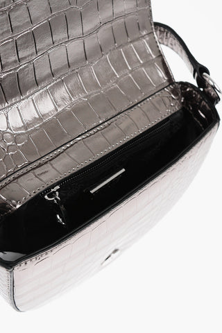 JEANS COUTURE Metallic Faux Leather Crocodile Effect Crossbody Bag with Silver Maxi Buckle