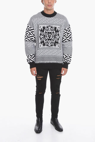 Wool-blend Crewneck Sweater with Jacquard GREQUE Motif
