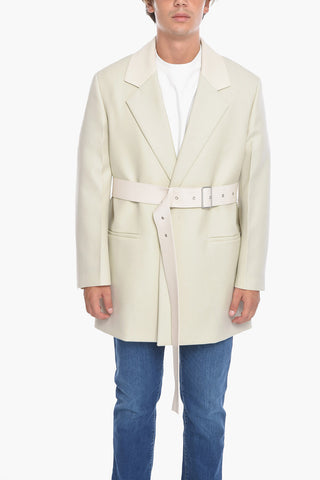 Single-breasted Wool Blazer with Leather Lapel and Belt